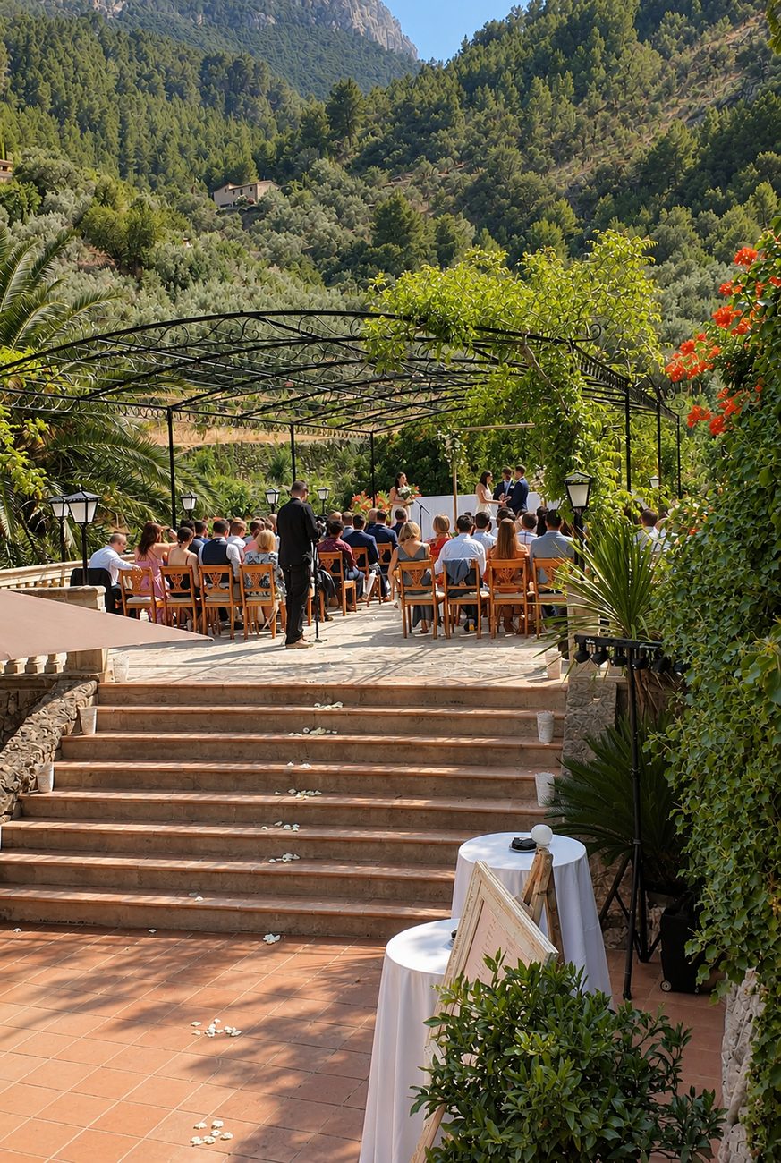 Ceremonia bajo La Pérgola con la escalinata de piedra y la Sierra de Tramuntana al fondo